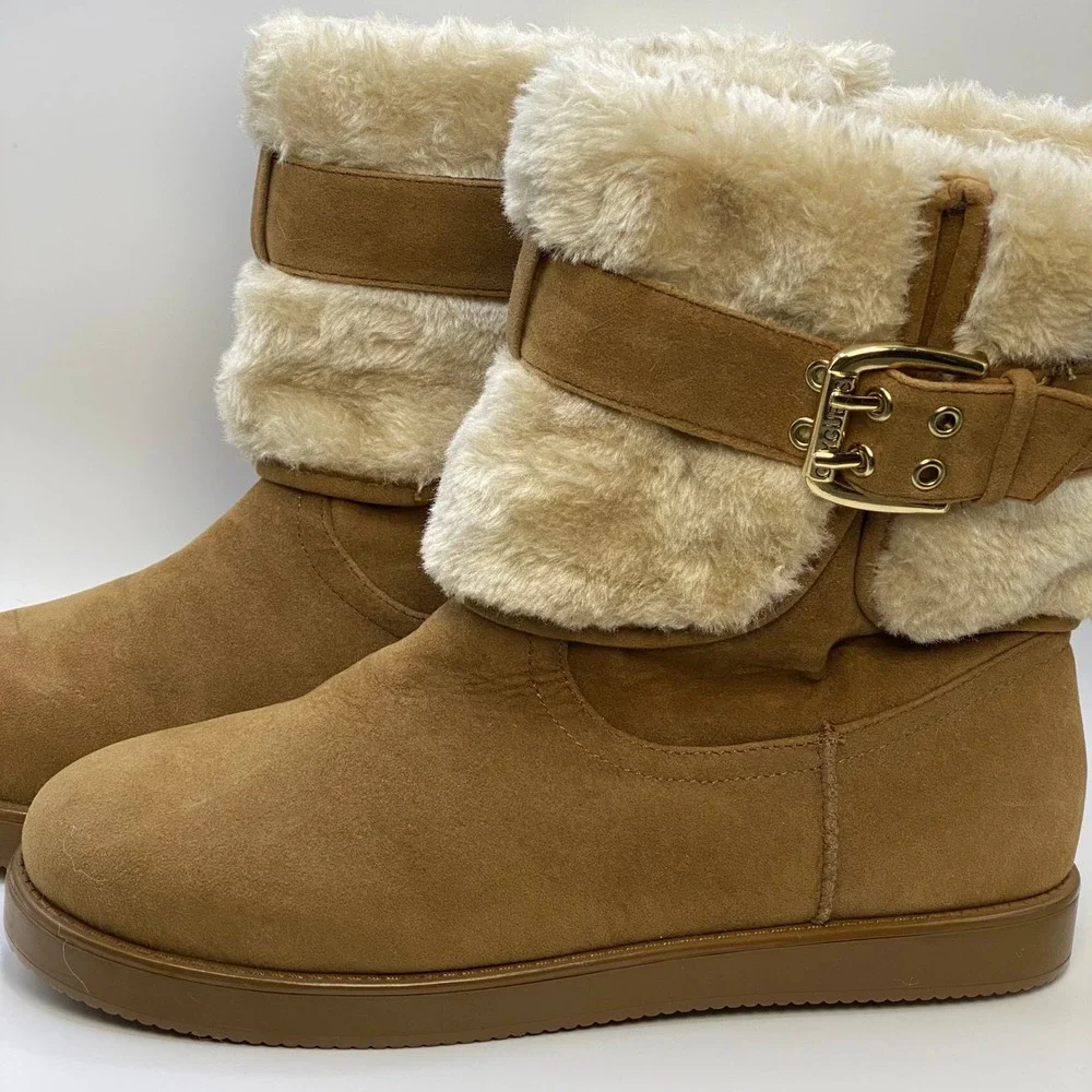 Guess Cozy Tan Faux Fur Buckle Detail Winter Boots Mid Calf Y2K Booties - 8
